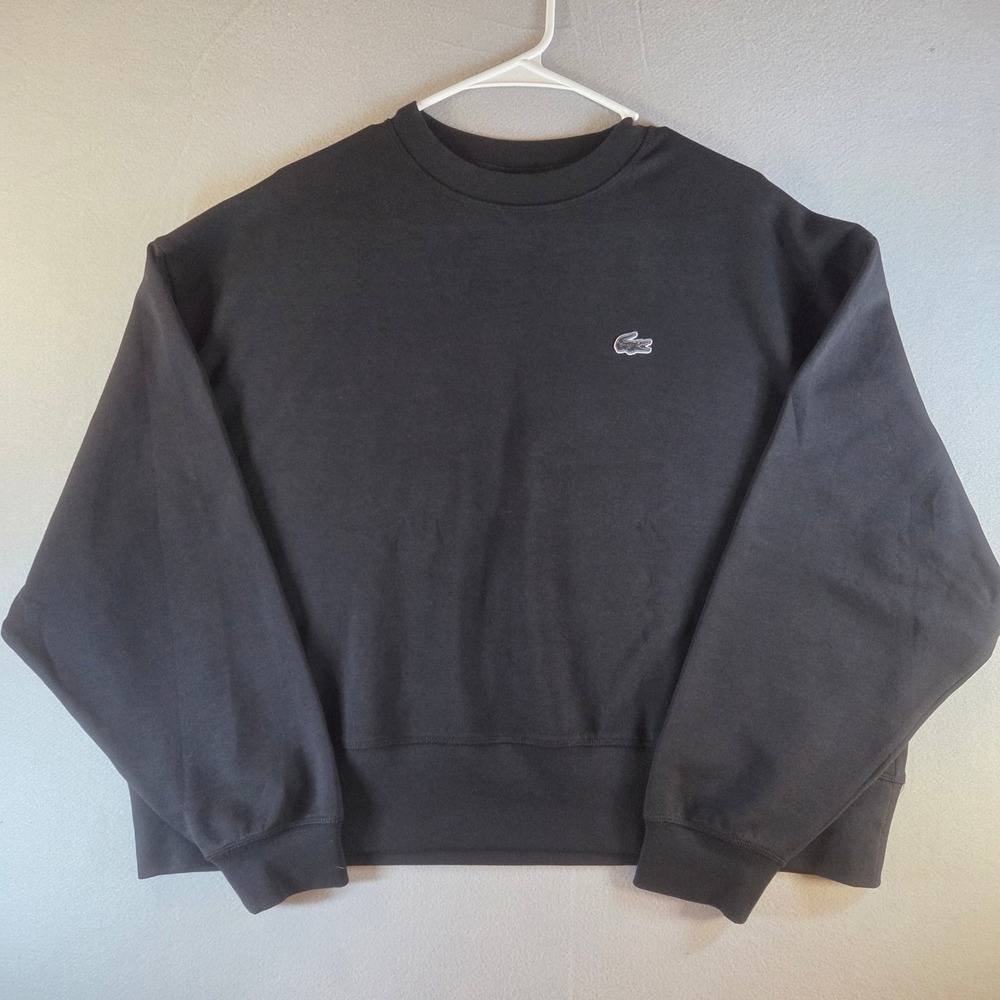 Lacoste Black Oversized Crewneck Sweatshirt Logo‎ Graphic Size US 12 Cropped